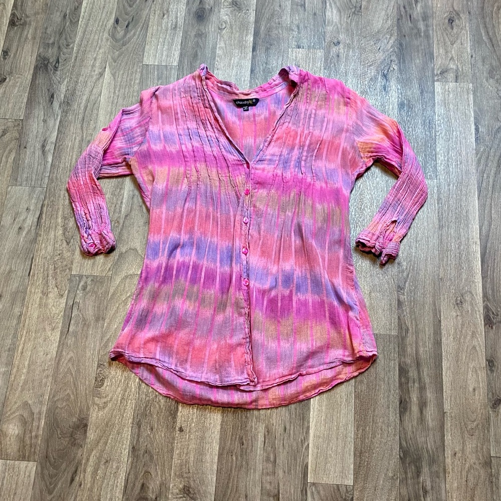Chaudry KC Pink Tie Dye Boho Lightweight Button Up Shirt Size Medium